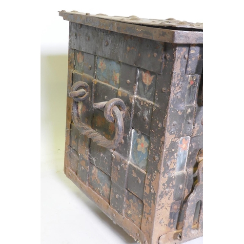 1001 - C17th German Armada chest/strong box, retaining its original painted decoration, iron strapped and b... 