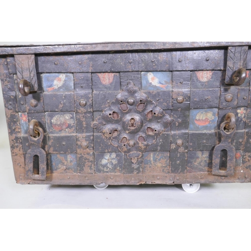 1001 - C17th German Armada chest/strong box, retaining its original painted decoration, iron strapped and b... 