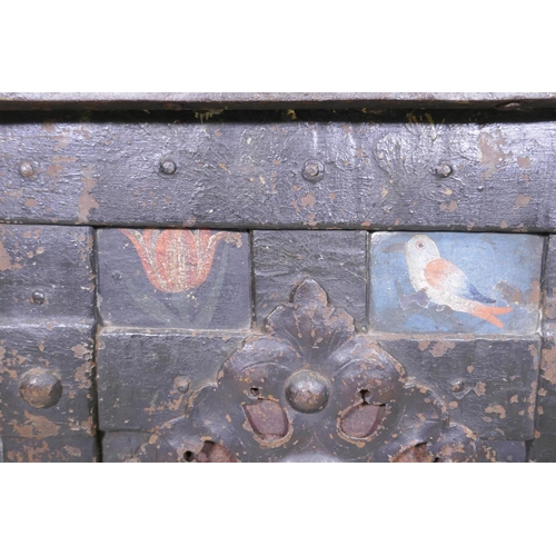 1001 - C17th German Armada chest/strong box, retaining its original painted decoration, iron strapped and b... 