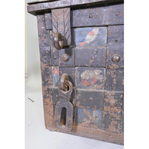 1001 - C17th German Armada chest/strong box, retaining its original painted decoration, iron strapped and b... 