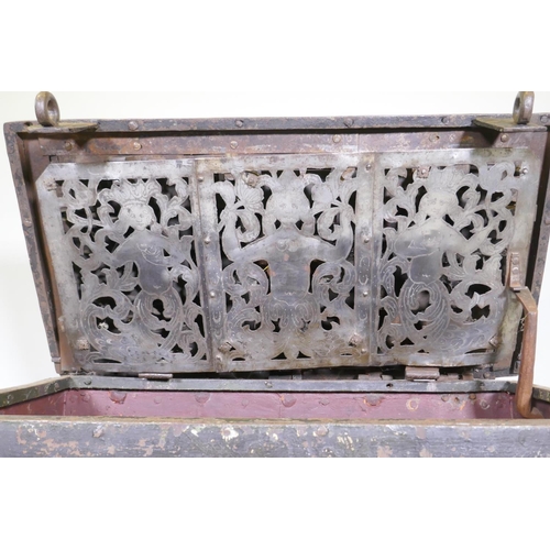 1001 - C17th German Armada chest/strong box, retaining its original painted decoration, iron strapped and b... 