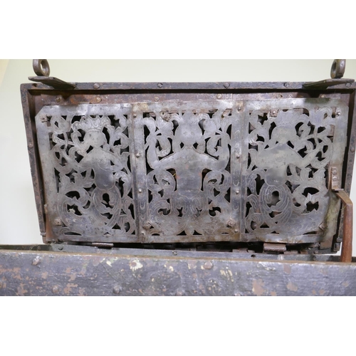 1001 - C17th German Armada chest/strong box, retaining its original painted decoration, iron strapped and b... 