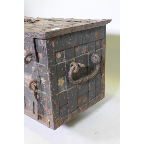 1001 - C17th German Armada chest/strong box, retaining its original painted decoration, iron strapped and b... 