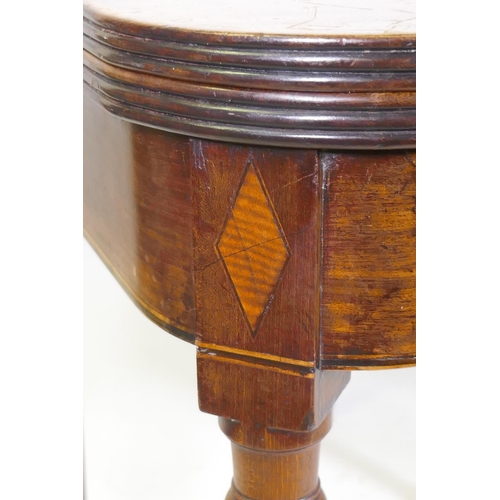 1002 - A good pair of Georgian D-shaped tea tables, with reeded edge tops and line inlaid friezes, raised o... 