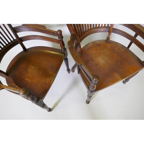 1003 - A pair of Arts & Crafts mahogany open armchairs in the manner of E.W. Godwin, with shaped lathe ... 