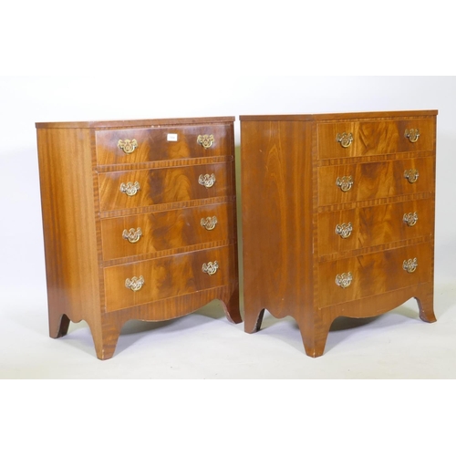 1004 - A pair of Regency style figured mahogany chests of four long drawers, with matched veneer tops and p... 