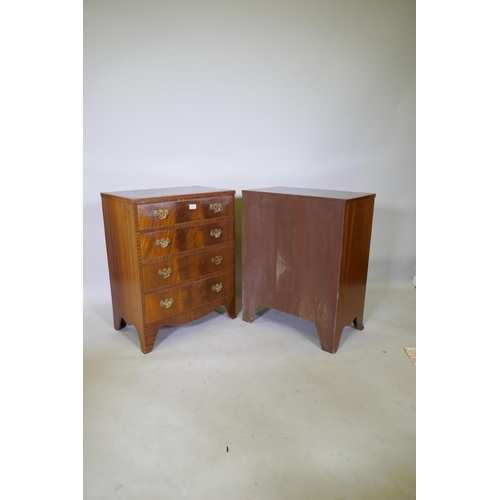 1004 - A pair of Regency style figured mahogany chests of four long drawers, with matched veneer tops and p... 