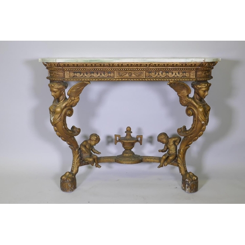 1019 - C19th giltwood and composition console table with later painted wood top, breakfront with pierced fr... 