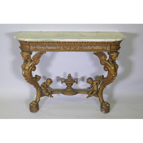 1019 - C19th giltwood and composition console table with later painted wood top, breakfront with pierced fr... 