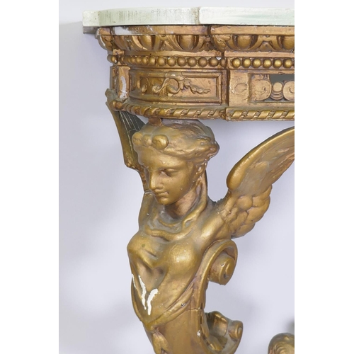 1019 - C19th giltwood and composition console table with later painted wood top, breakfront with pierced fr... 