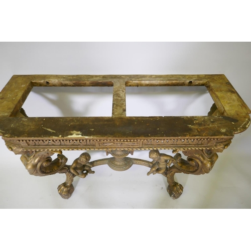 1019 - C19th giltwood and composition console table with later painted wood top, breakfront with pierced fr... 