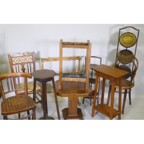 1030 - Two Edwardian folding cake stands, bentwood chairs, jardiniere stands, 1930s oak lamp table etc