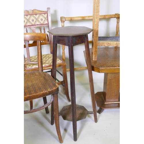 1030 - Two Edwardian folding cake stands, bentwood chairs, jardiniere stands, 1930s oak lamp table etc