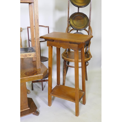 1030 - Two Edwardian folding cake stands, bentwood chairs, jardiniere stands, 1930s oak lamp table etc