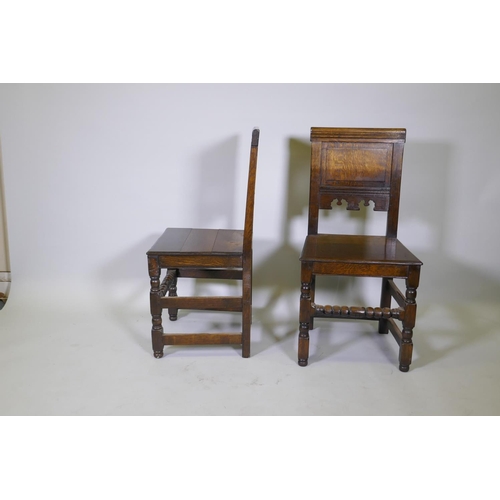 1031 - A set of eight William and Mary style panel backed oak chairs, with solid seats, raised on turned su... 