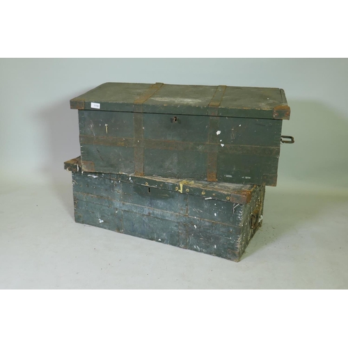 1150 - Two painted pine and metal strapped military chests, 91 x 47 x 35cm