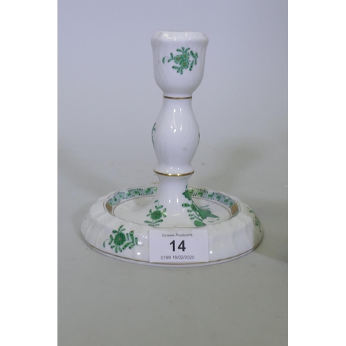 14 - A pair of Herend hand painted porcelain candlesticks, 15cm high, two trinket boxes, (both with losse... 