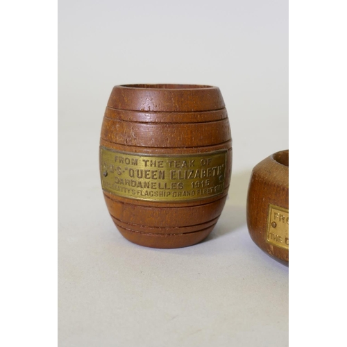 22 - Collection of treen: miniature teak barrel from H.M.S. Queen Elizabeth, Dardanelles 1915, Earl Beatt... 