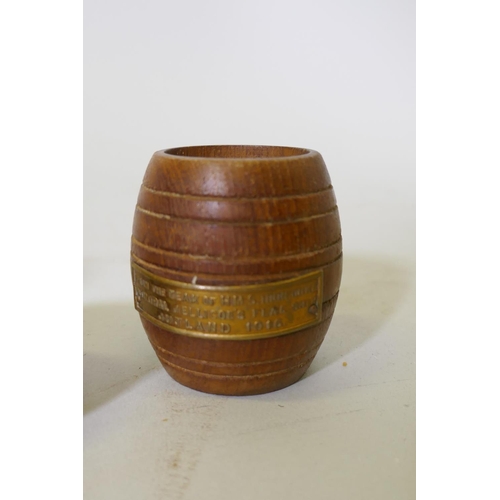 22 - Collection of treen: miniature teak barrel from H.M.S. Queen Elizabeth, Dardanelles 1915, Earl Beatt... 