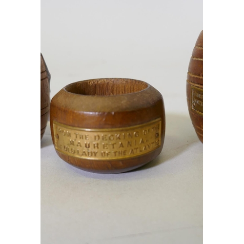 22 - Collection of treen: miniature teak barrel from H.M.S. Queen Elizabeth, Dardanelles 1915, Earl Beatt... 