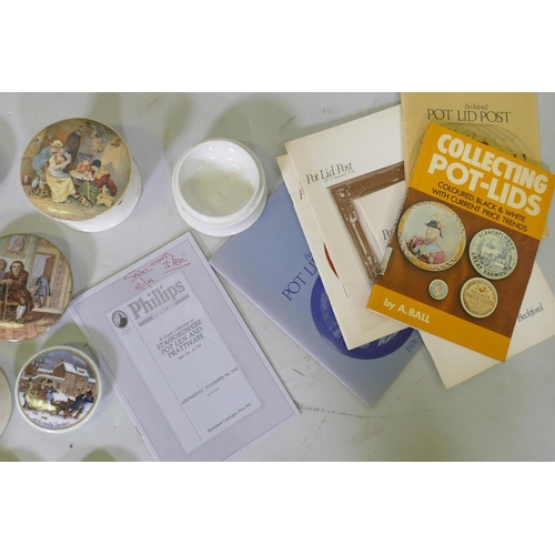 30 - Collection of Staffordshire prattware pots and lids, and a reference book on the same