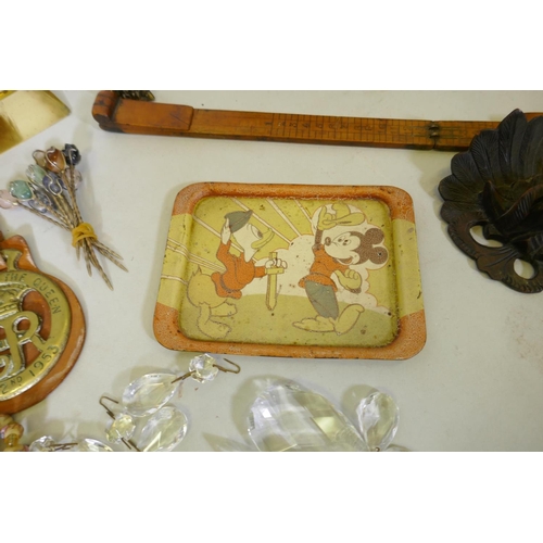 43 - Mixed lot: Victorian glass dome, 29cm high with mis-matched base; Benares ware, brass photo frames, ... 