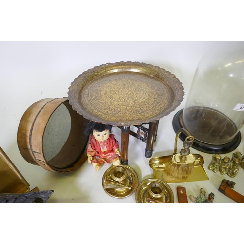 43 - Mixed lot: Victorian glass dome, 29cm high with mis-matched base; Benares ware, brass photo frames, ... 