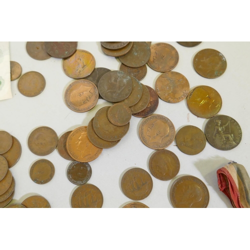 48 - A collection of C19th and later British and foreign coins and banknotes, pennies from George III, Vi... 