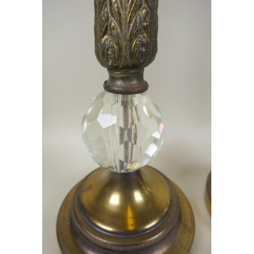 49 - A near pair of bronzed metal and faceted glass four branch column table lamps, 59cm high