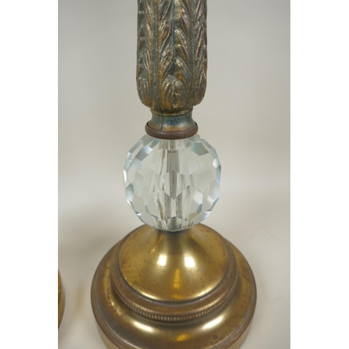 49 - A near pair of bronzed metal and faceted glass four branch column table lamps, 59cm high