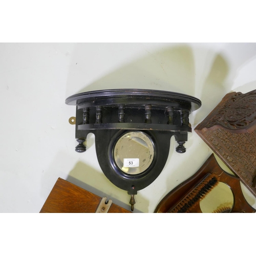 53 - Victorian ebonised wood wall bracket and carved bookslide, barbola easel mirror, tie press and cloth... 