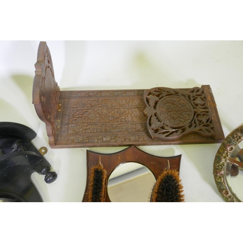 53 - Victorian ebonised wood wall bracket and carved bookslide, barbola easel mirror, tie press and cloth... 