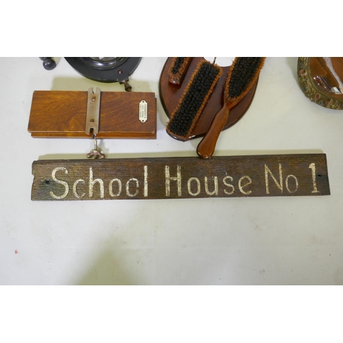 53 - Victorian ebonised wood wall bracket and carved bookslide, barbola easel mirror, tie press and cloth... 