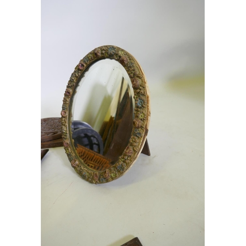 53 - Victorian ebonised wood wall bracket and carved bookslide, barbola easel mirror, tie press and cloth... 