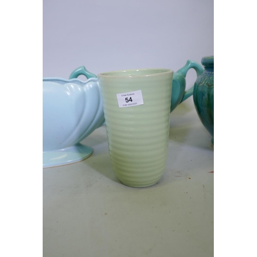 54 - Blue glazed ceramic jardiniere, two planters and a Denby vase, 20cm high