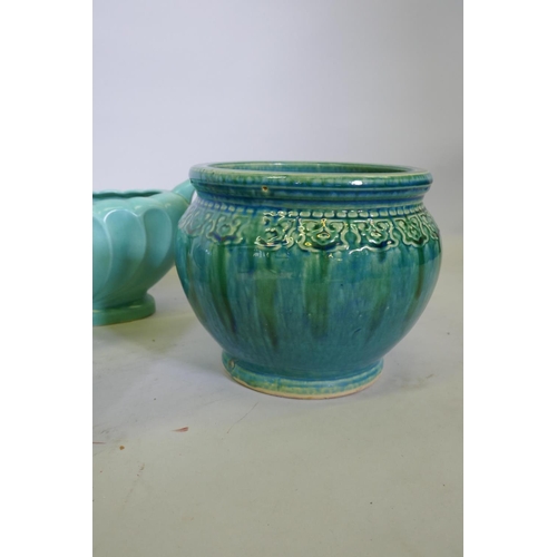 54 - Blue glazed ceramic jardiniere, two planters and a Denby vase, 20cm high