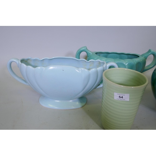 54 - Blue glazed ceramic jardiniere, two planters and a Denby vase, 20cm high