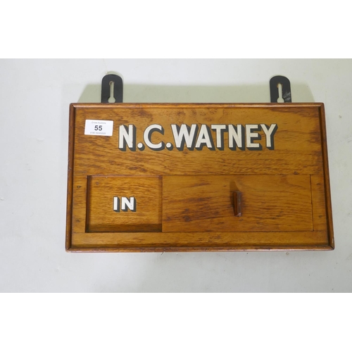 55 - Antique sign written mahogany 'In-Out' office board, 36 x 21cm