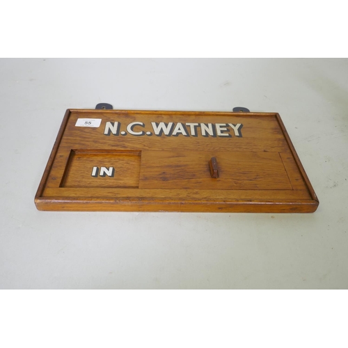 55 - Antique sign written mahogany 'In-Out' office board, 36 x 21cm