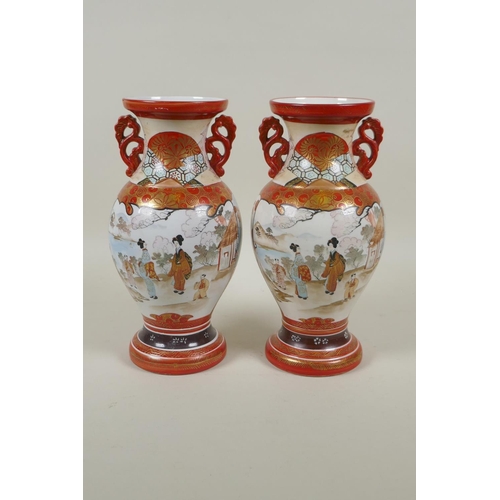 6 - A pair of Japanese Meiji period Kutani two handled vases with decorative panels depicting Asiatic bi... 