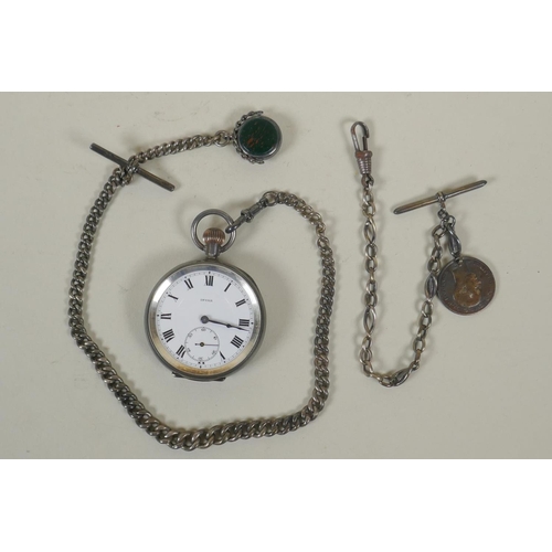 604 - An antique silver cased Invar open faced pocket watch with Roman numerals and a smaller seconds subs... 