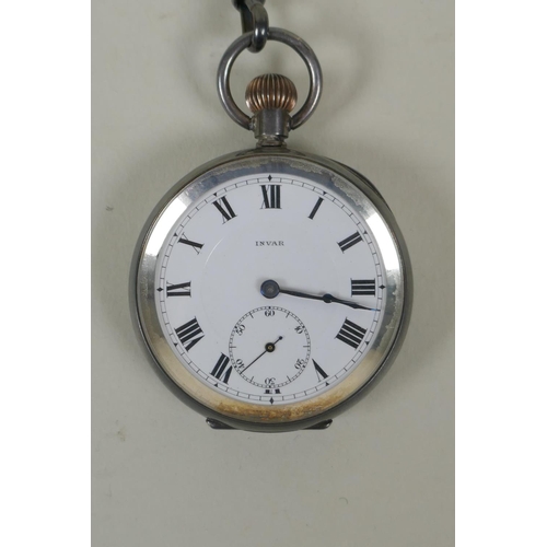 604 - An antique silver cased Invar open faced pocket watch with Roman numerals and a smaller seconds subs... 