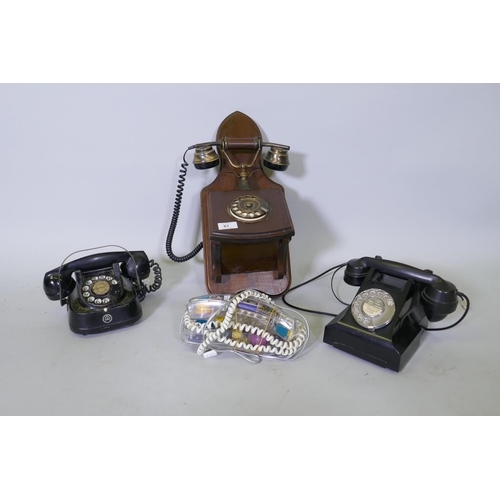 61 - A vintage Bell RTT 56 telephone, Mybelle Spotlight 753, bakelite phone and a Sitel wall mounted phon... 