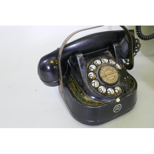 61 - A vintage Bell RTT 56 telephone, Mybelle Spotlight 753, bakelite phone and a Sitel wall mounted phon... 