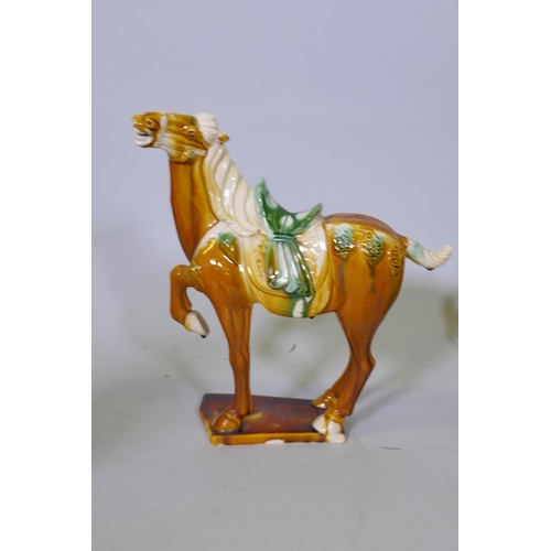 62 - Pair of Victorian spelter Marley horses, 31cm  high, Tang style ceramic horse, plaster and pottery f... 