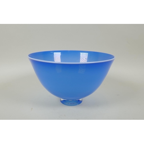 68 - A Lindean Mill Glass bowl in an ombre blue with a white coloured rim, signed to base, 18cm diameter