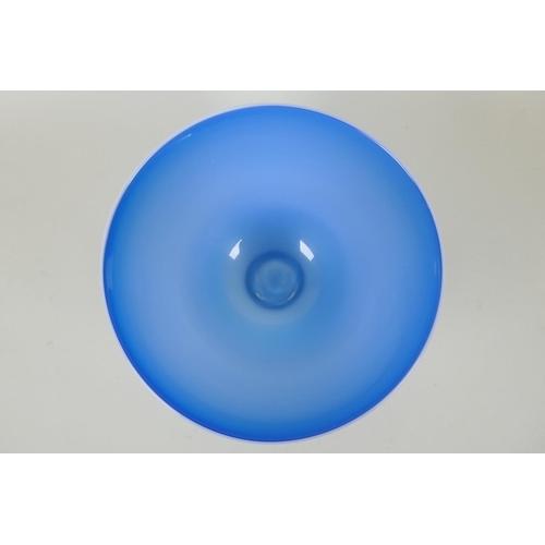 68 - A Lindean Mill Glass bowl in an ombre blue with a white coloured rim, signed to base, 18cm diameter