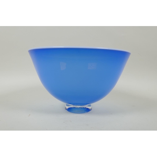 68 - A Lindean Mill Glass bowl in an ombre blue with a white coloured rim, signed to base, 18cm diameter