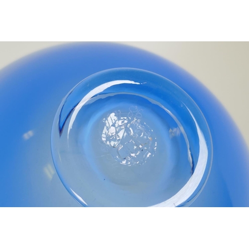 68 - A Lindean Mill Glass bowl in an ombre blue with a white coloured rim, signed to base, 18cm diameter