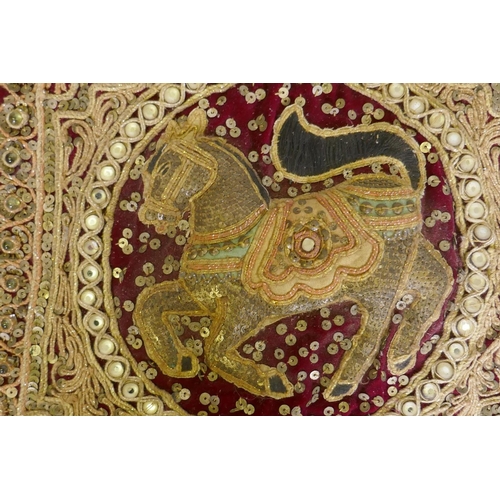 7 - An Indian stumpwork of a horse, with sequins and mirrored glass decoration, 38 x 38cm